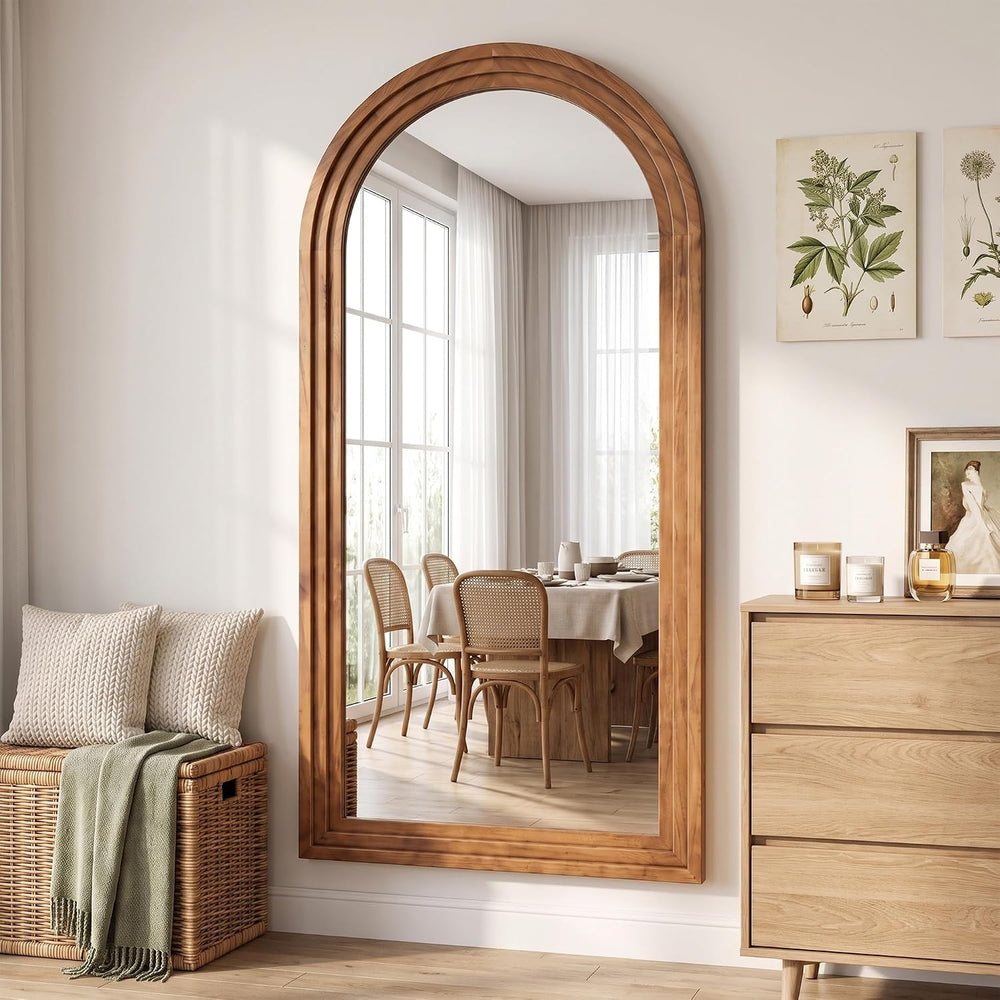 76"x34" Arched Full Length Mirror, Large Wood Floor Mirror, Brown