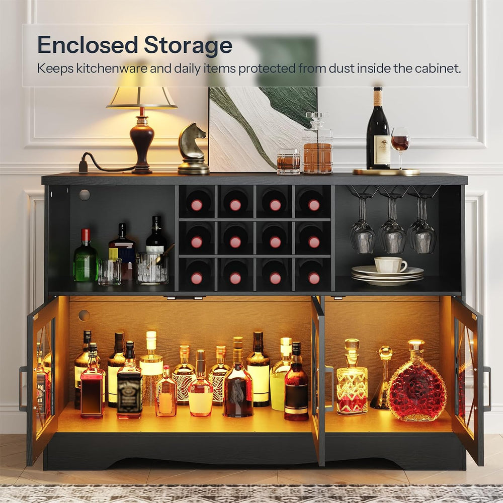 HOOBRO Bar Cabinet with Power Outlet, Modern Liquor Cabinet with Wine Rack &a...