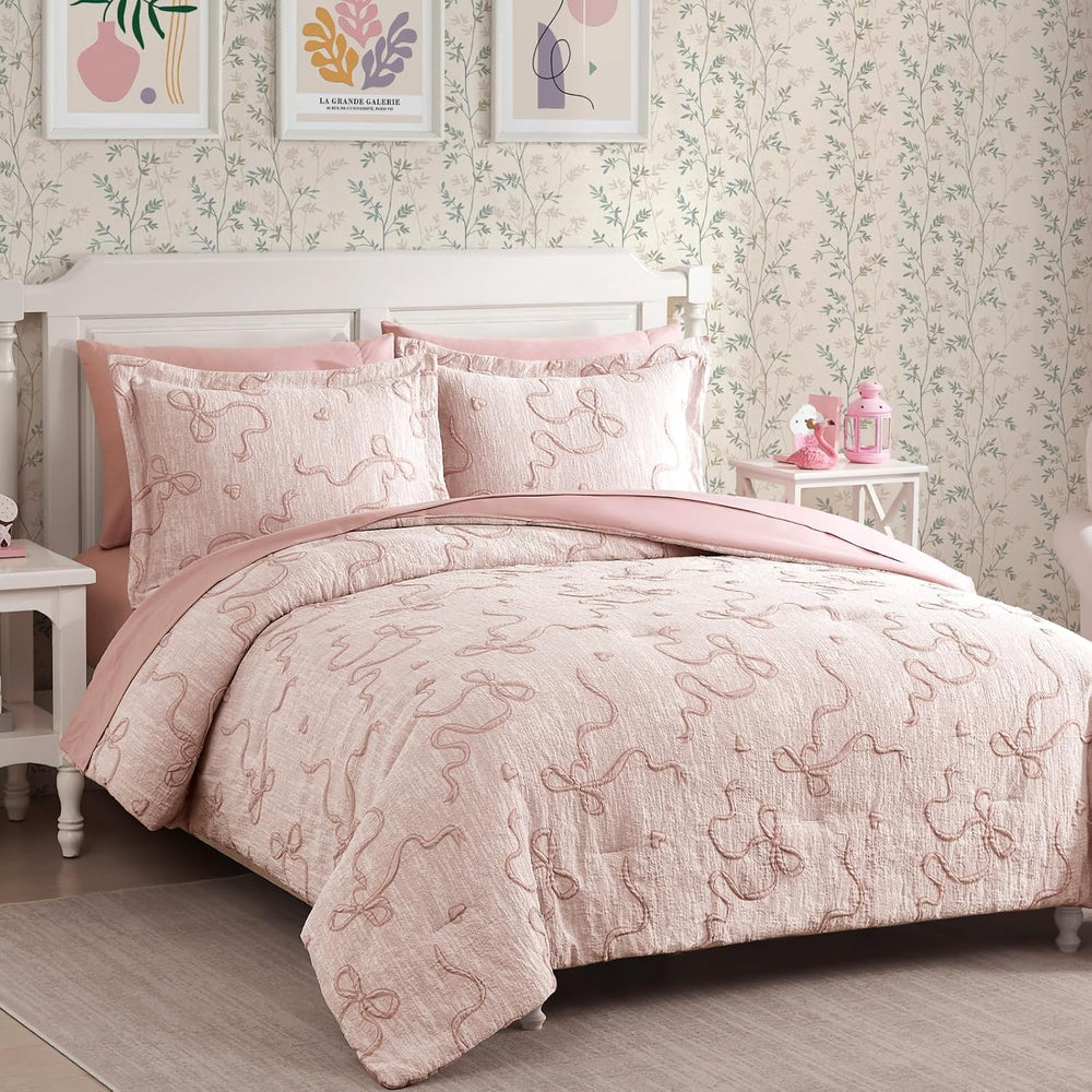 Queen Comforter Set - 7 Pieces Pink Bedding Set Bow Jacquard Bed in a Bag