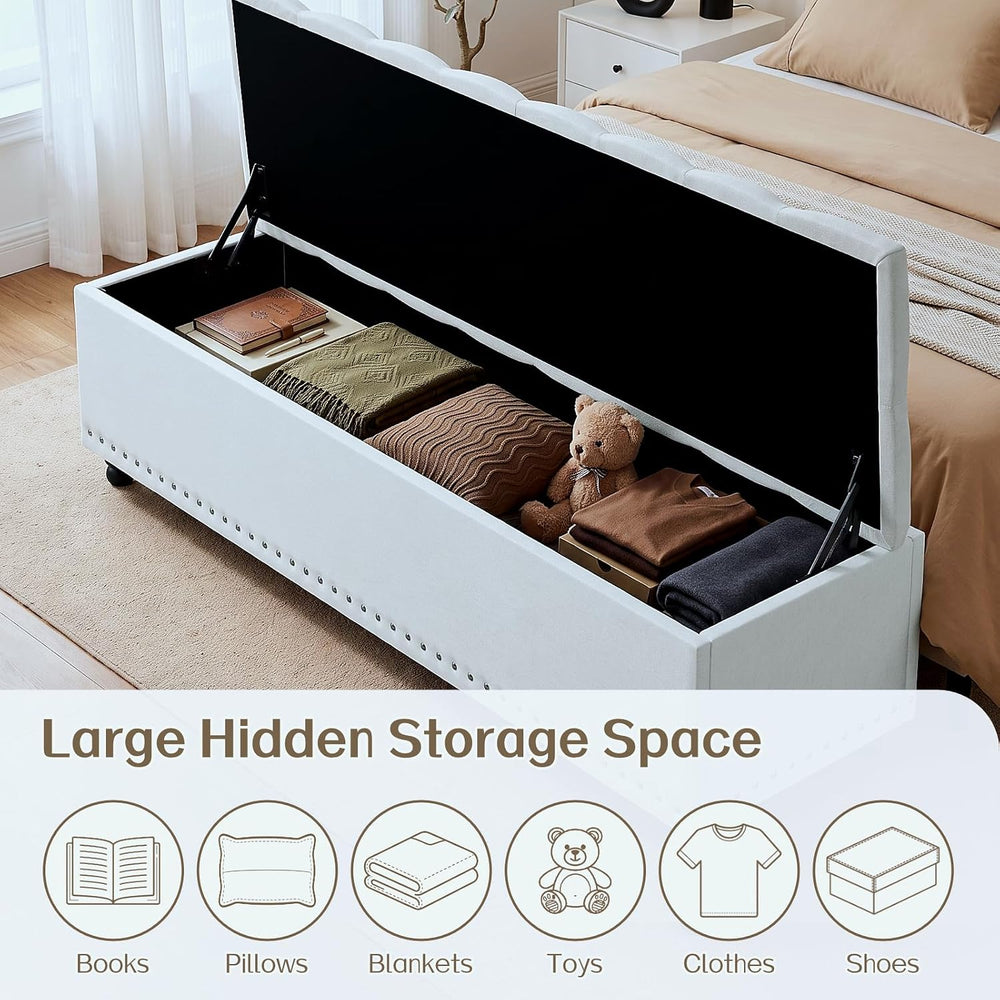 51" Storage Ottoman Bench with Wooden Legs & Soft-Close, White-Gray
