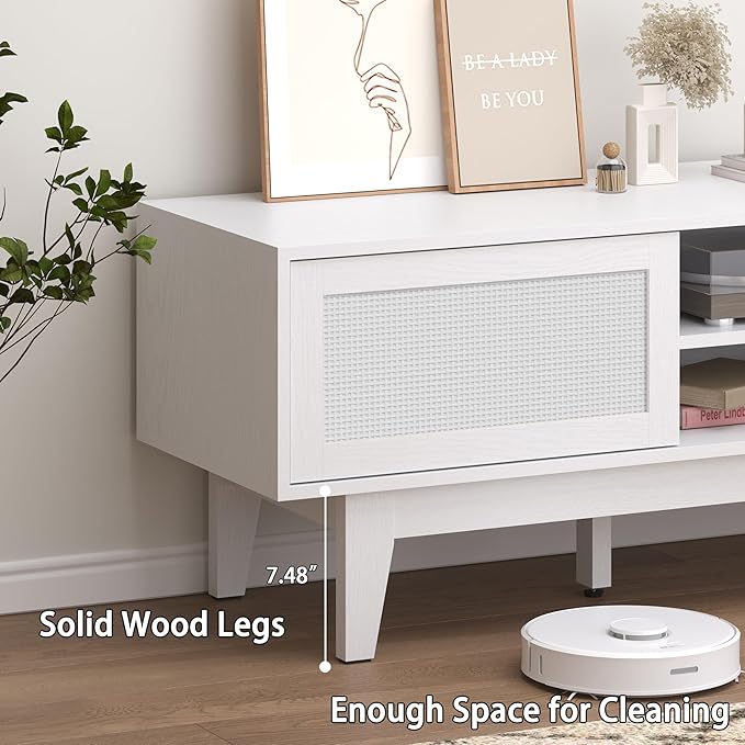 Boho TV Stand for 55 65 Inch TV, Rattan Entertainment Center with Shelves, Cabinets and Sliding Doors, TV Media Console Table with Solid Wood Feet & Cord Holes for Living Room, Bedroom, White
