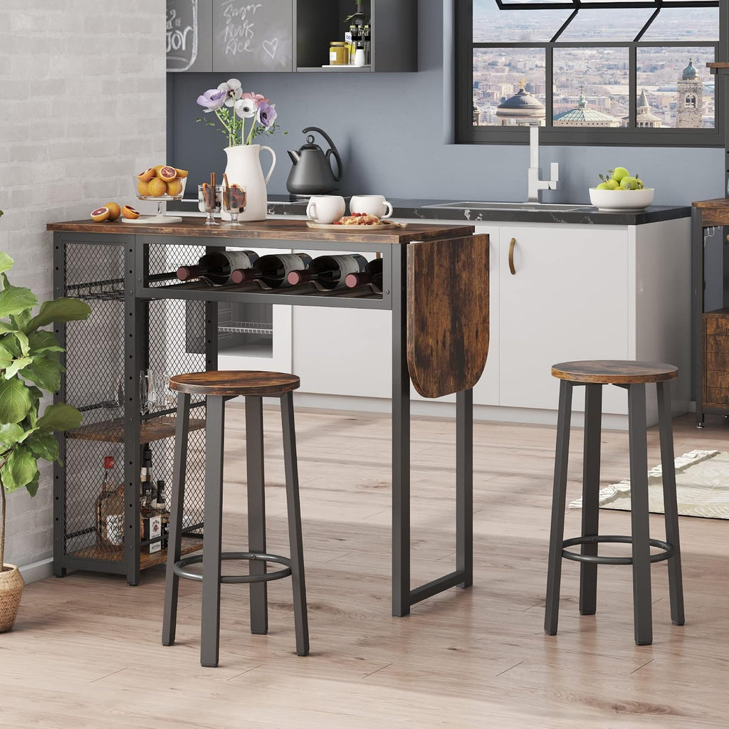 Bestier Expandable Bar Table and Chair Set, 2 Bar Stools, Rustic Brown