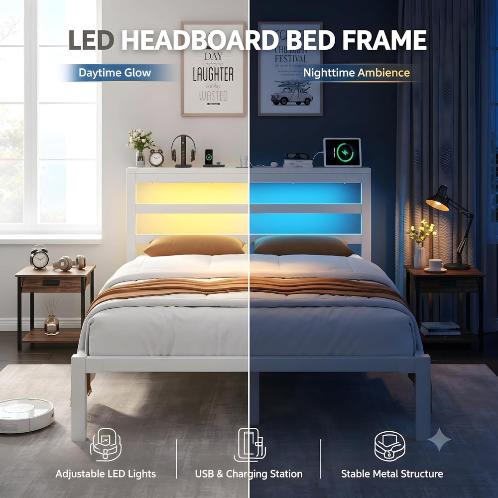 E-Motie Full Bed Frame, Storage Shelf and LED Lights Headboard, White