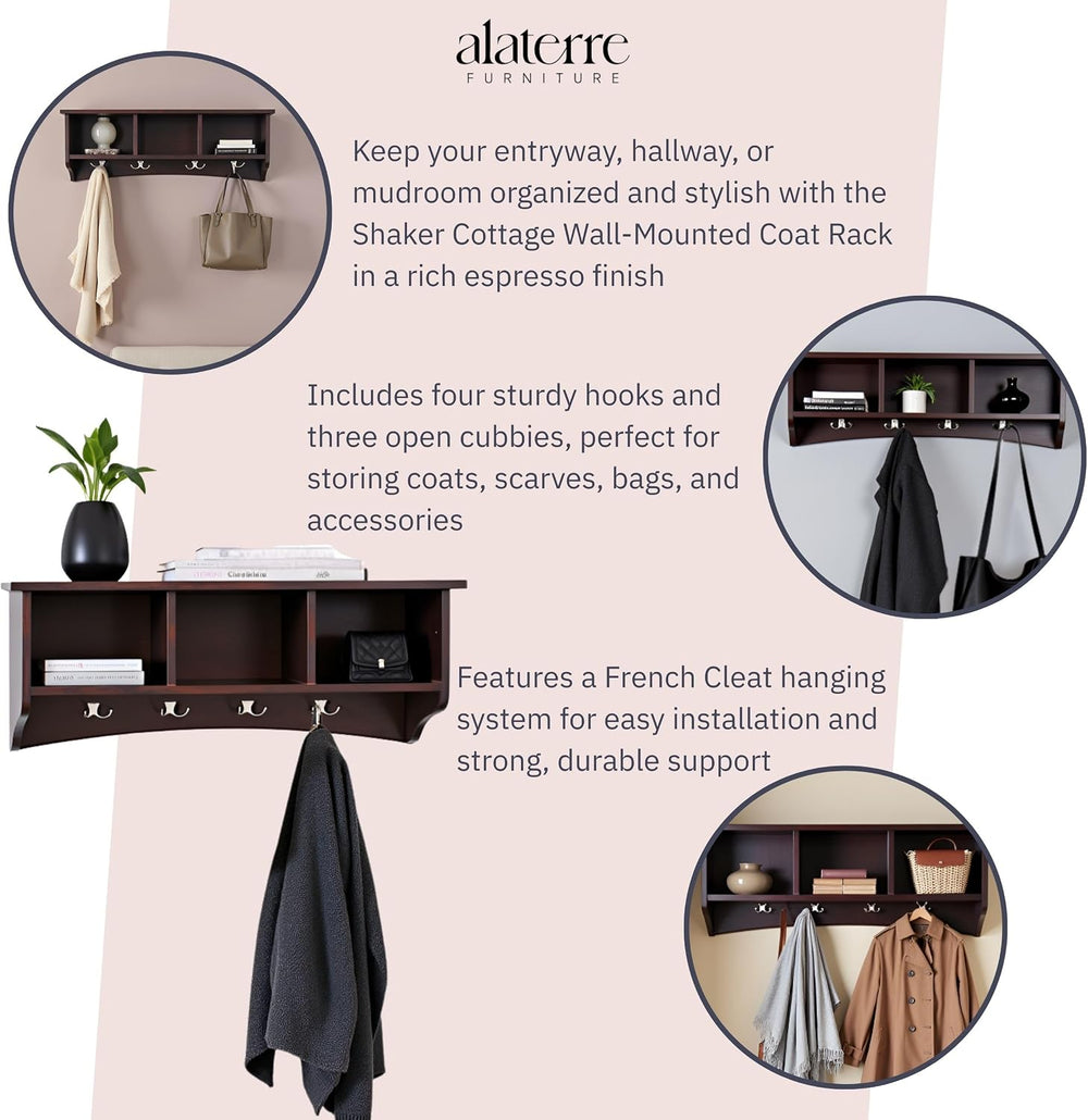 Alaterre Shaker Cottage Wall-Mounted Coat Rack with Cubbies, Espresso, 36”