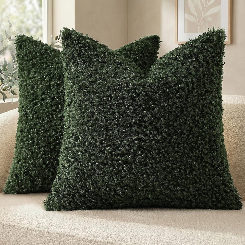 decorUhome Sherpa Decorative Throw Pillow Covers 22x22 Set of 2 Olive Green