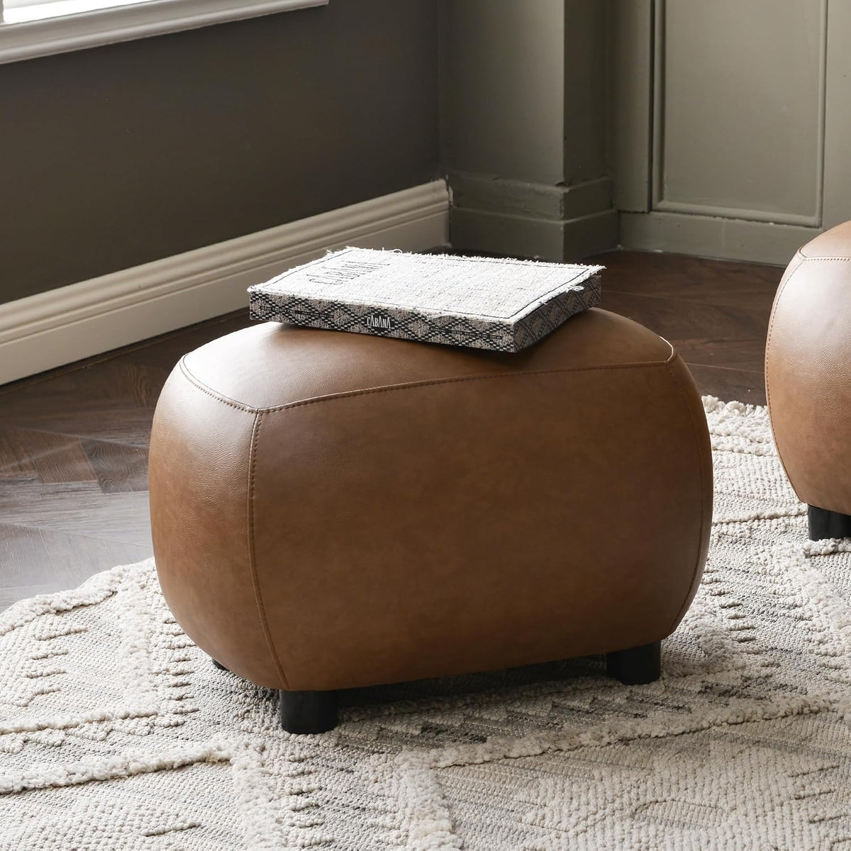 KINWELL 23" Wide Faux Leather Upholstered Ottoman Footrest, Camel | Living Room Footrest with Soft Padded Seat, Mid-Century Modern Entryway Footstool for Bedroom, Entryway or Living Room