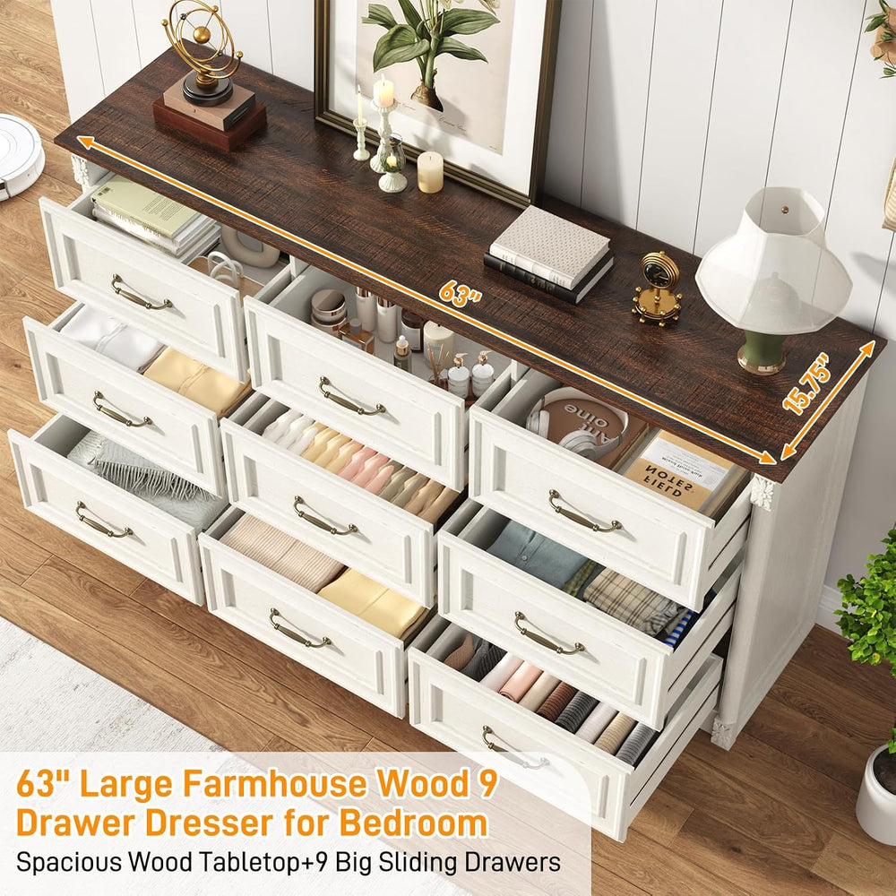 Farmhouse Wood 9 Drawer Dresser for Bedroom,Embossed Roman Column Wood Rustic...