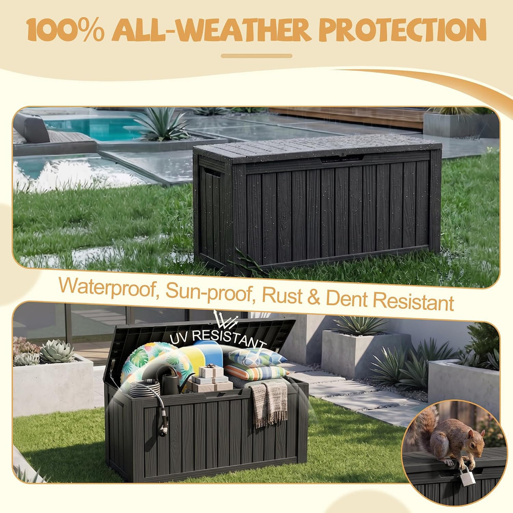 EFU Outdoor Storage Box, 150 Gal Gen 2 Resin Deck Box w/Gas Struts & Wheels