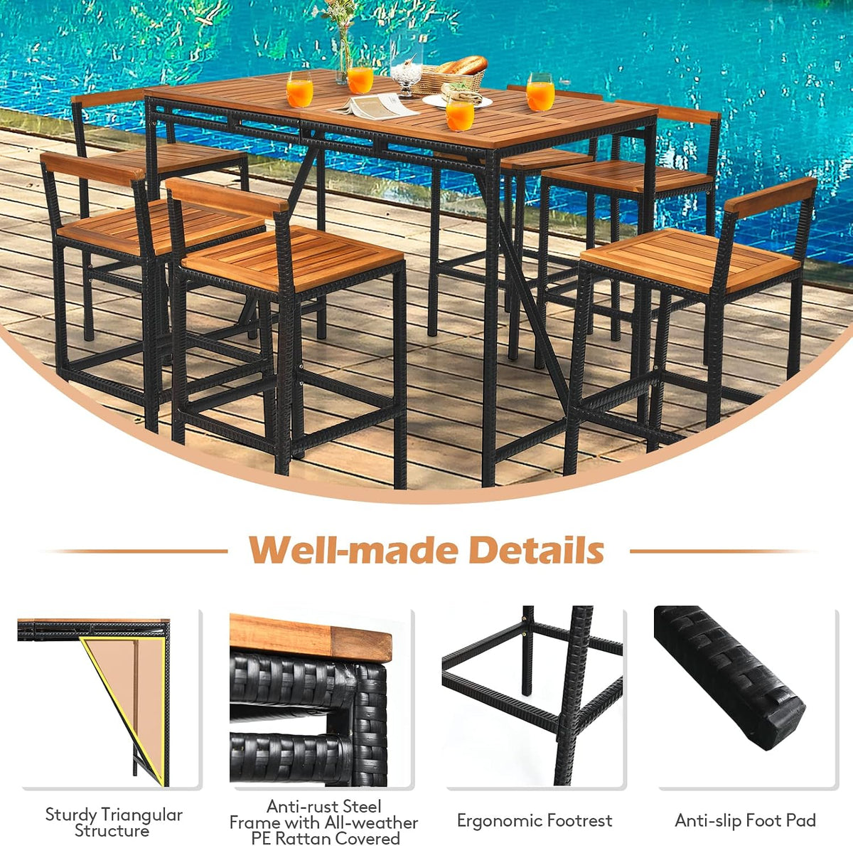 Tangkula 7-Piece Acacia Wood Bar Set with Patiojoy Outdoor Rattan High-Dining 6 Bar Stools and 1 Rectangular Table with Umbrella Hole - Outdoor Conversation Set for Patio, Backyard, Garden