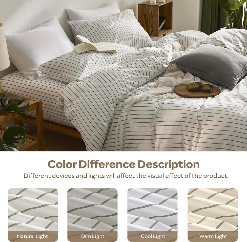 JELLYMONI 100% Cotton Vertical Stripe King Duvet Cover Set, Grey