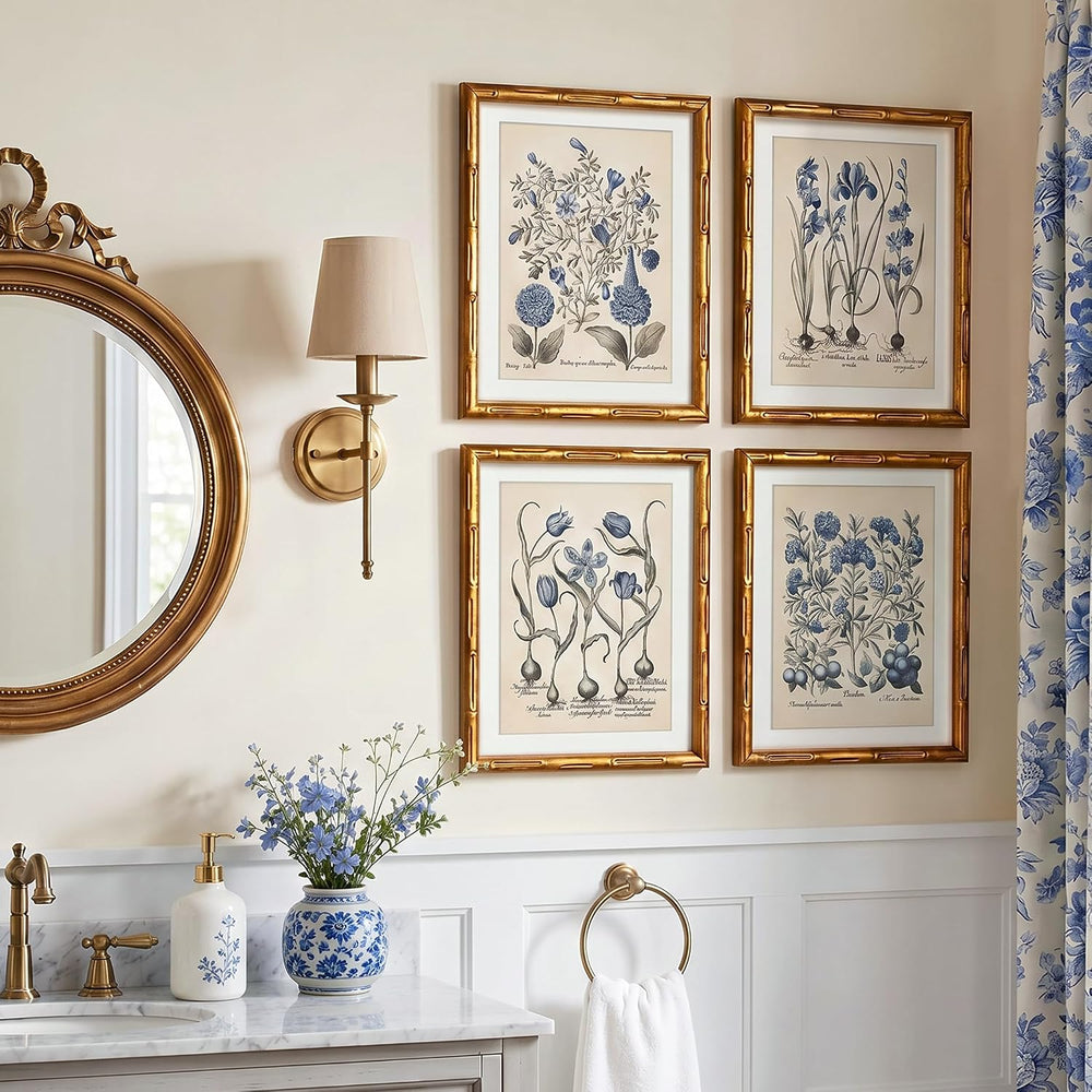 ARPEOTCY Bamboo Framed Botanical Wall Art, 4 Pcs Blue Hydrangea, 11x14inch