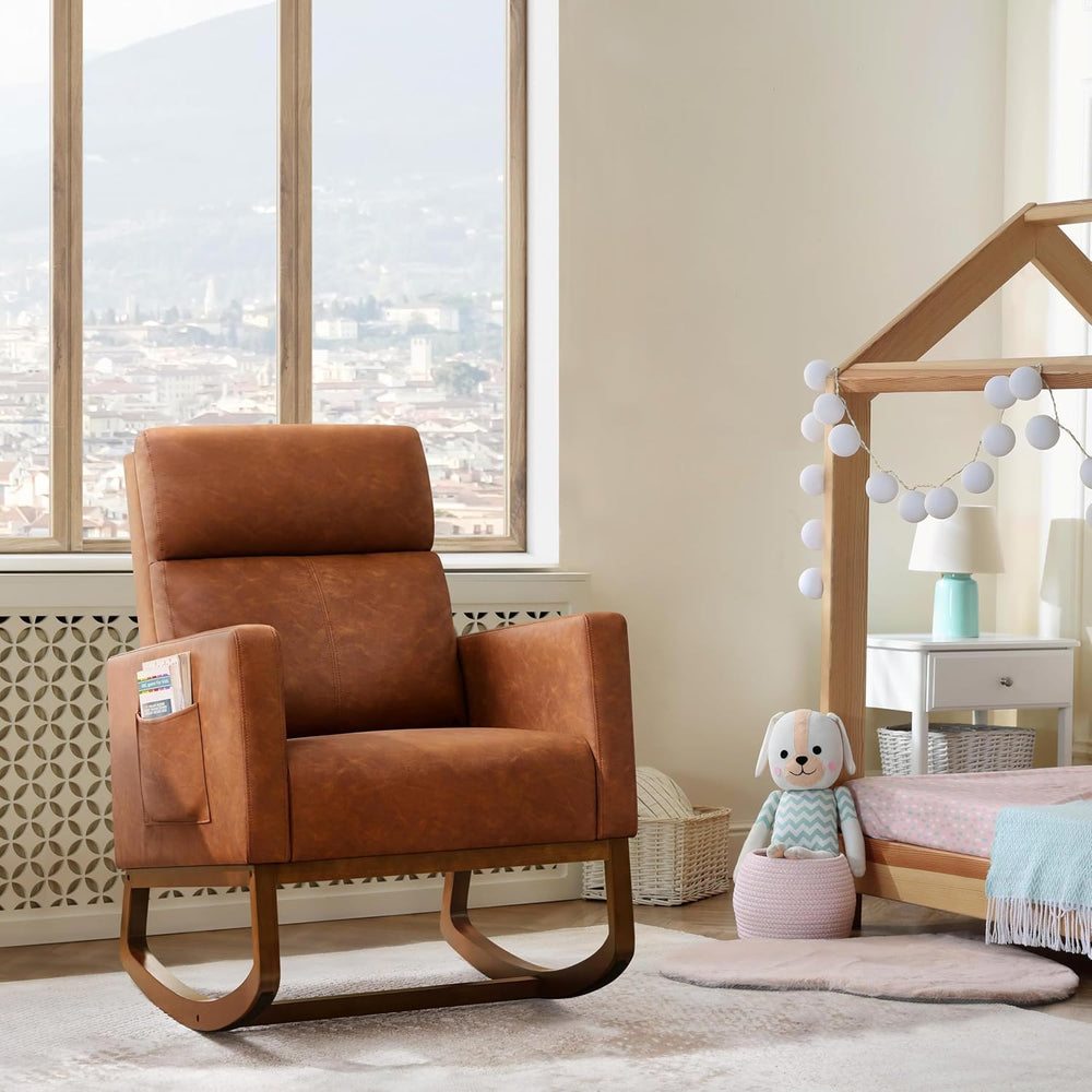 Yaheetech 28in Wide Padded High Back Glider Rocking Chair, Brown Leather