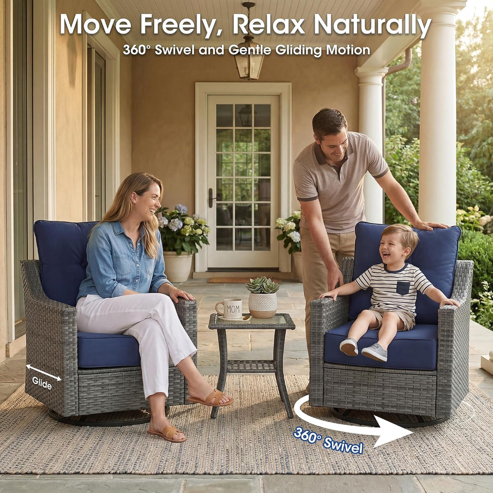3 Piece Patio Furniture Set, Grey Wicker Outdoor Conversation Set with 2 Swiv...