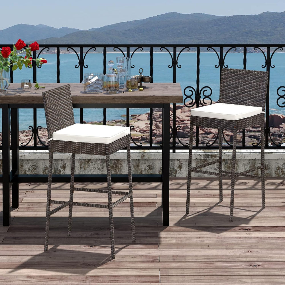 Tangkula Set of 2 Patio Wicker Barstools, Outdoor Bar Height Chair w/Soft Sea...