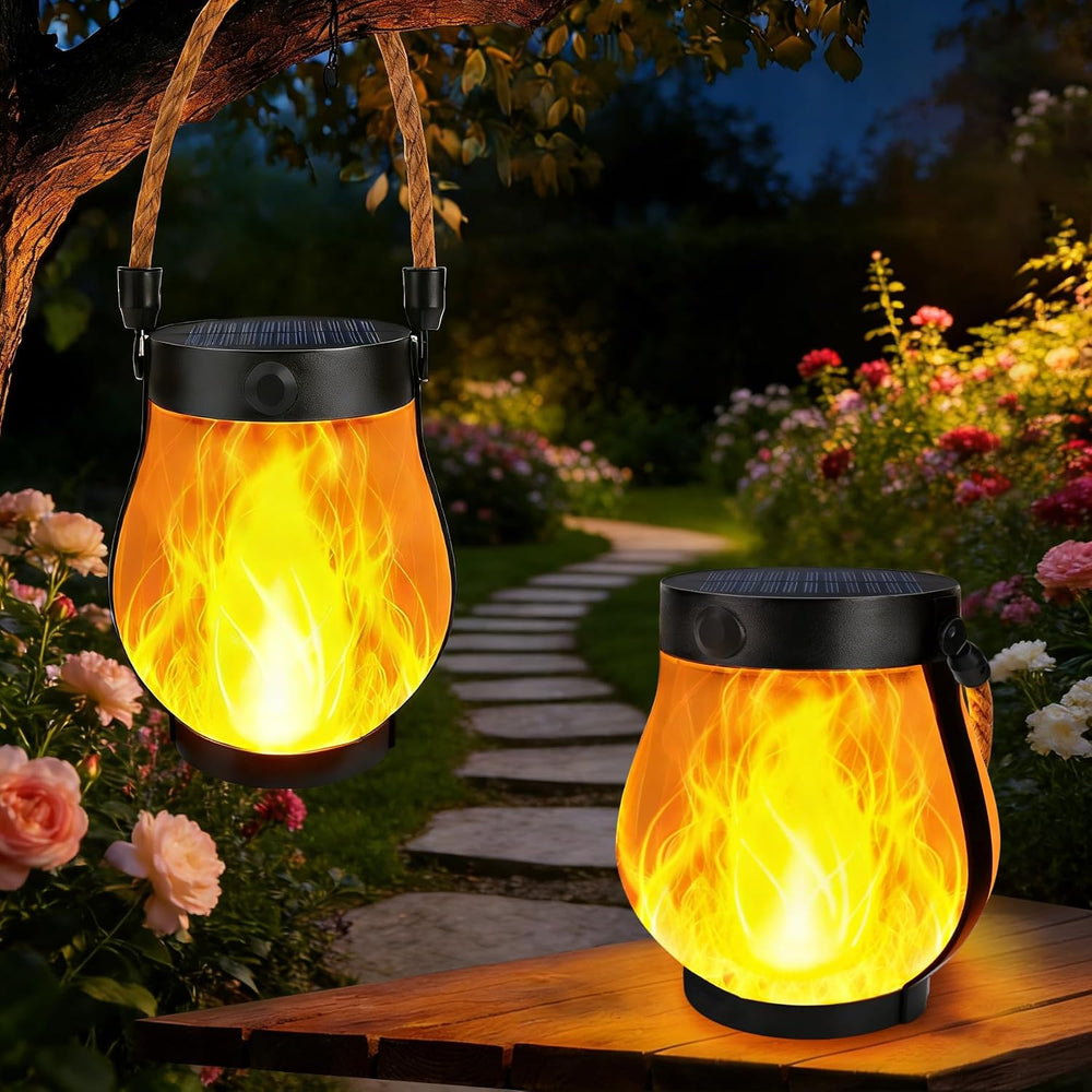 2 Pack Solar Lanterns Outdoor Waterproof, Flickering Flame Hanging Lanterns