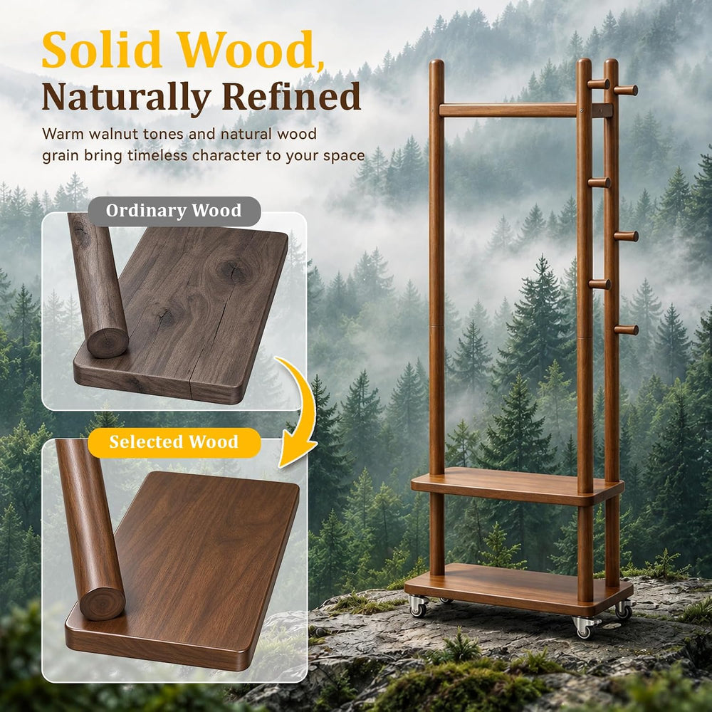 Taitiy Coat Rack Solid Wood Stand Storage 2 Shelves 5 Hooks Entryway