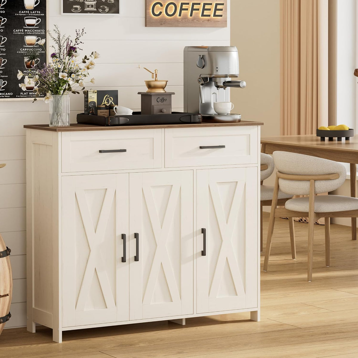 Homhedy Coffee Bar Storage Cabinet with Drawers, Kitchen Buffet Cabinet