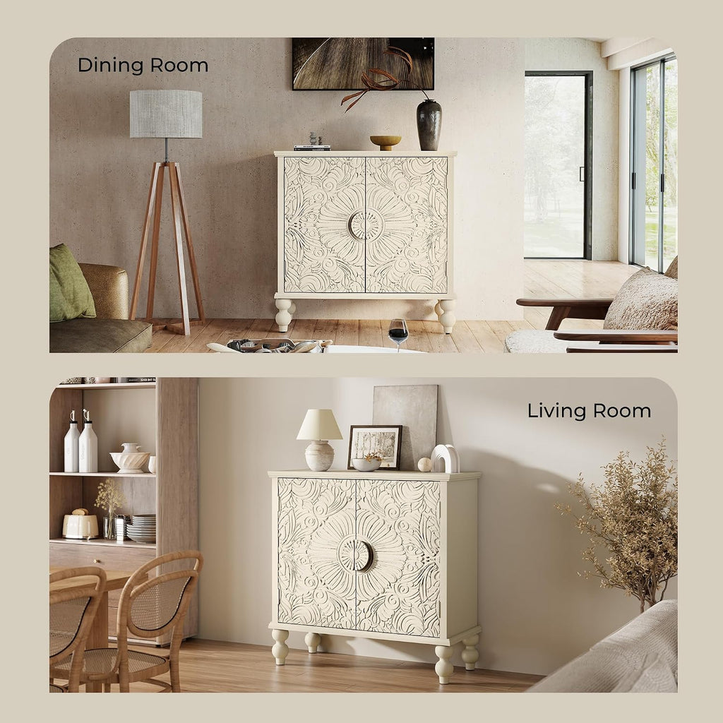Solid Wood Buffet Cabinet, Accent Cabinet, 2 Carved Doors, Beige
