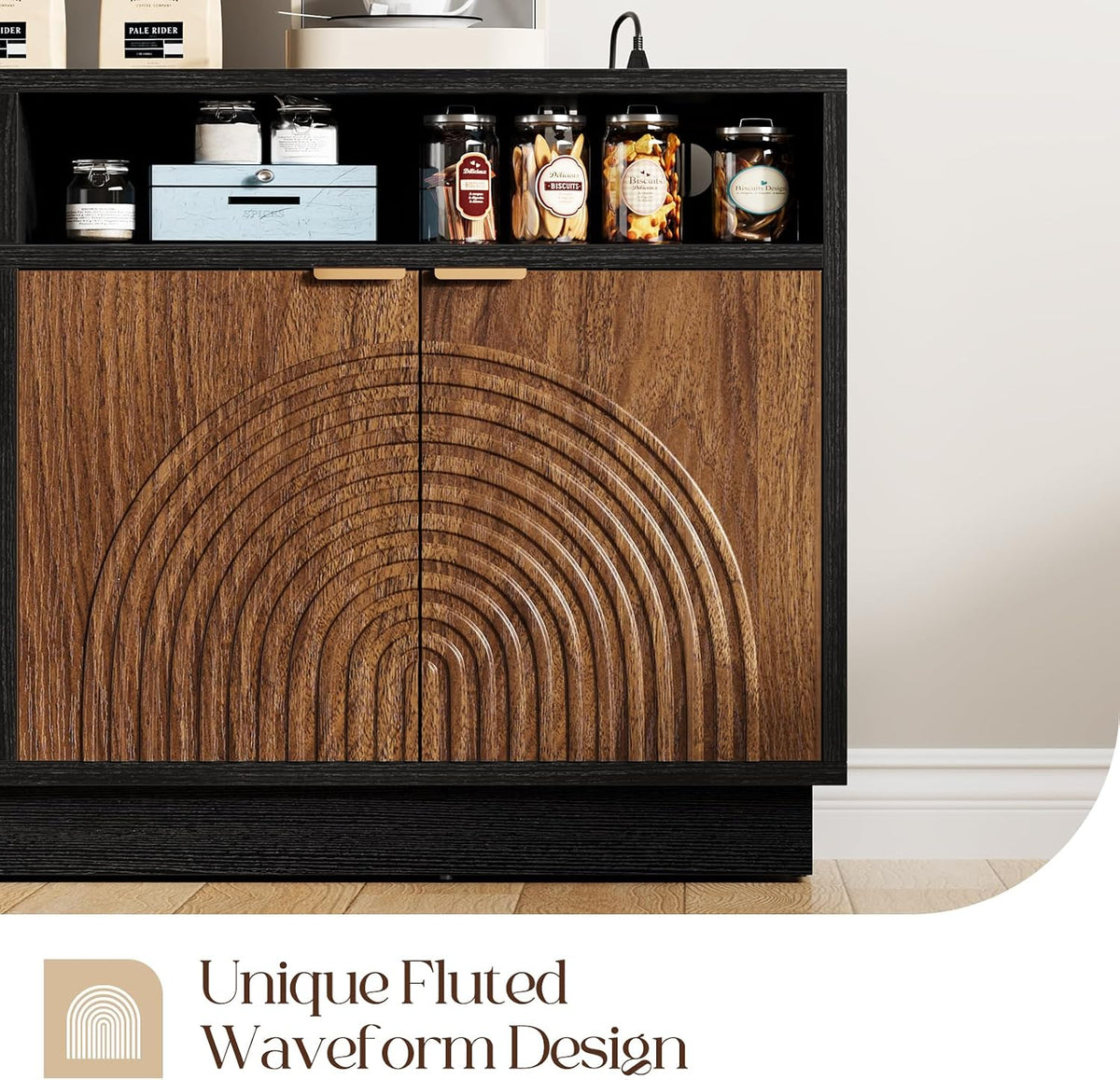 Modern Sideboard Buffet Cabinet with Storage - 58" Fluted Coffee Bar Cabinet with LED Light & Power Outlet, Adjustable Shelf, Credenza Strorage Cabinet, Accent Console for Kitchen Living Room