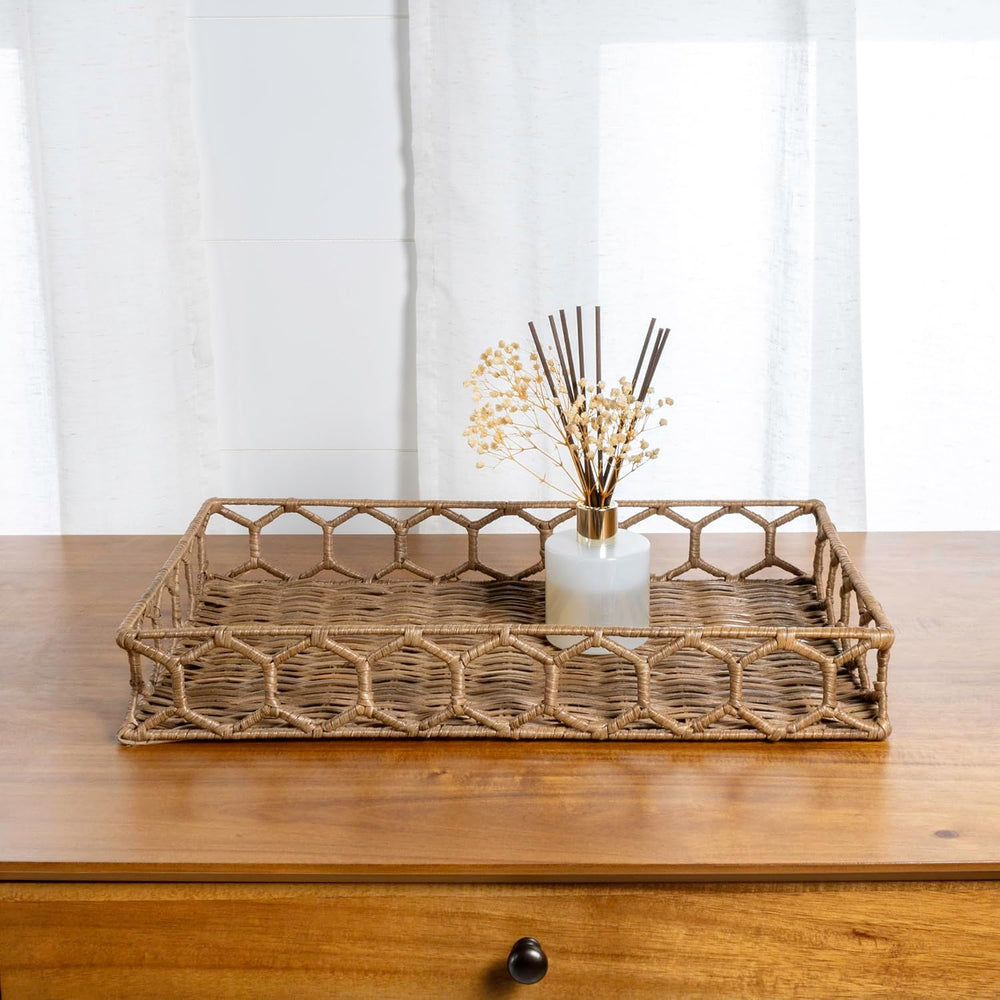 happimess Honeycomb 19.75" Hand-Woven Rattan Serving Tray, Natural