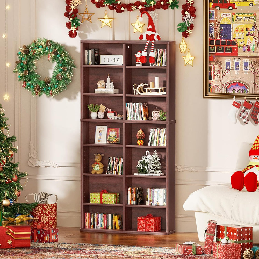 LELELINKY 7 Tier Tall Display Cabinet, Walnut Media Storage Cabinet