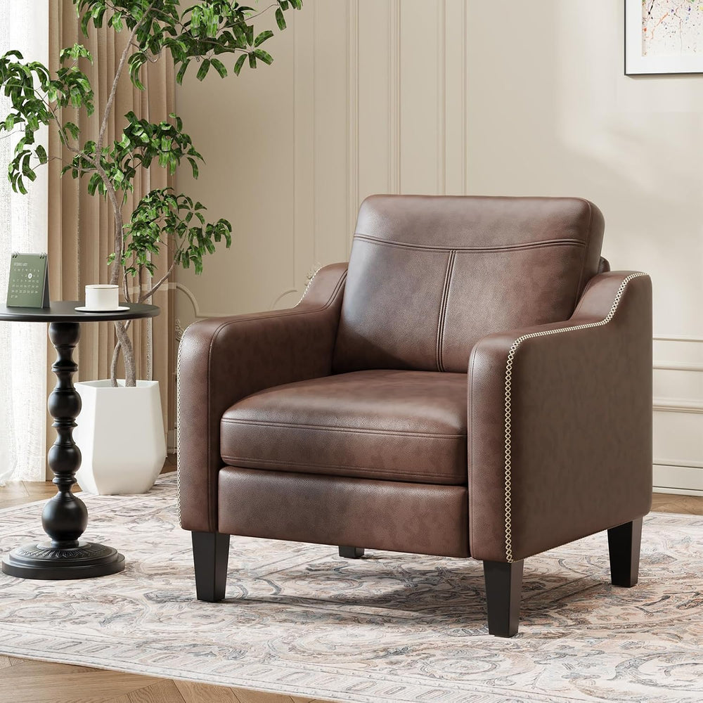 MALOL PU Leather Accent Chair with Solid Wood Frame, Chocolate Brown