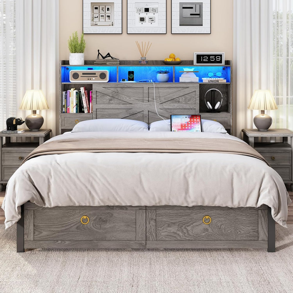 TIGUBFRE Full Bed Frame with Storage Headboard, Farmhouse Wood Bed Frame Full...