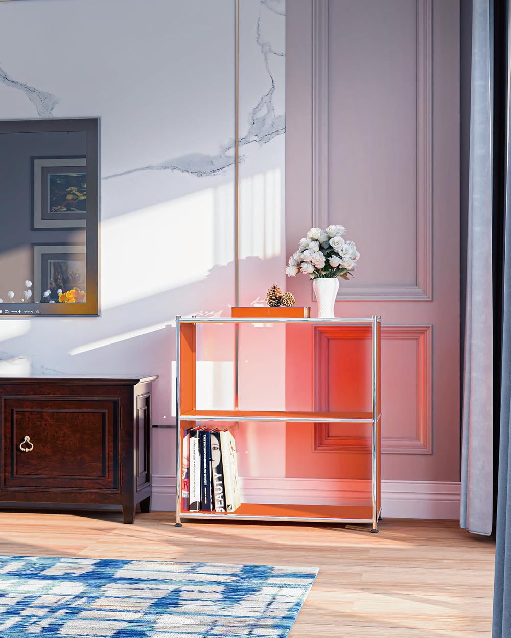 Metal Bookcase with Chrome Frame, Mid-Century Modern, H32.5