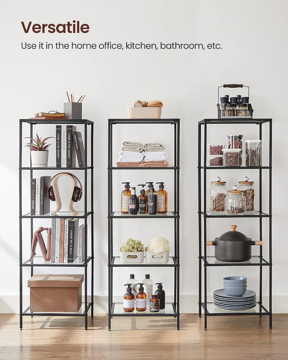 VASAGLE Bookcase Bookshelf, Tempered Glass Bookshelves, Steel Frame