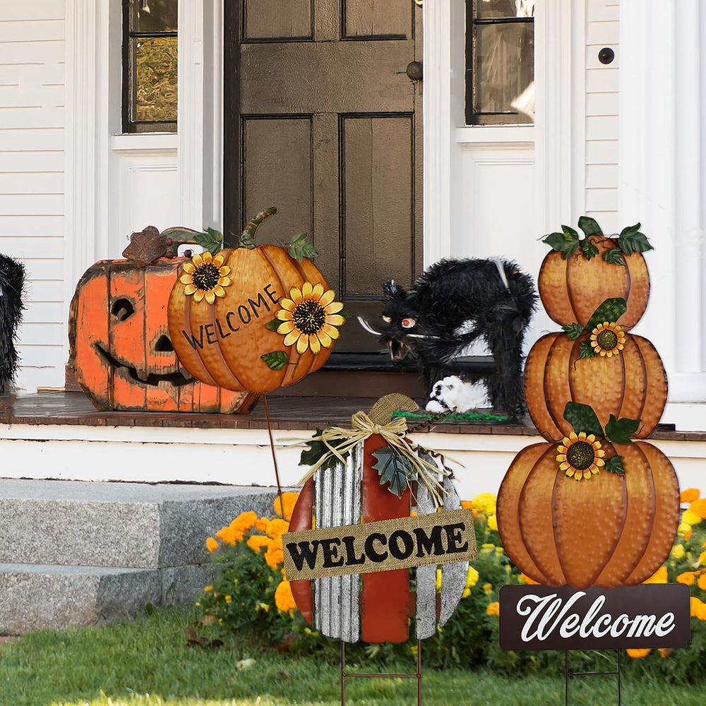 Metal Fall Pumpkin Stake Decorative Stacked Pumpkins Yard Welcome Sign