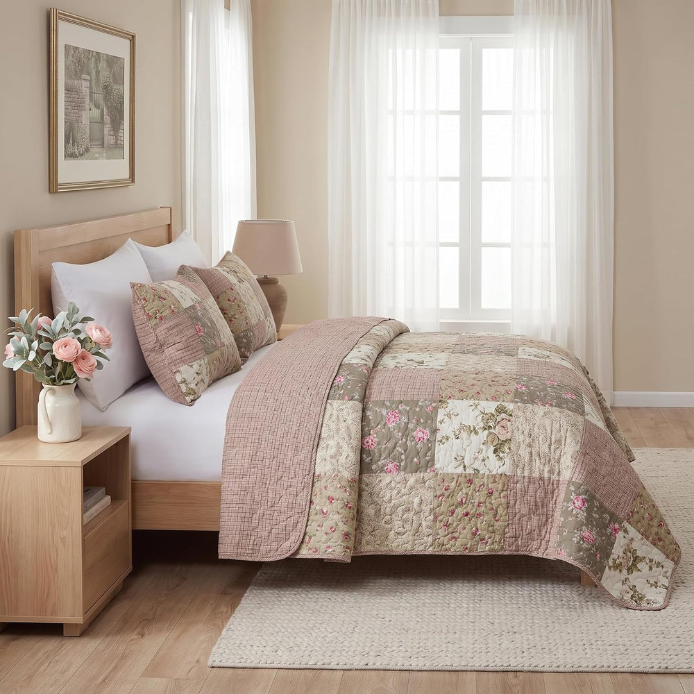 SLPR - Secret Garden Pink Patchwork Cotton Quilt Set, King with 2 Shams