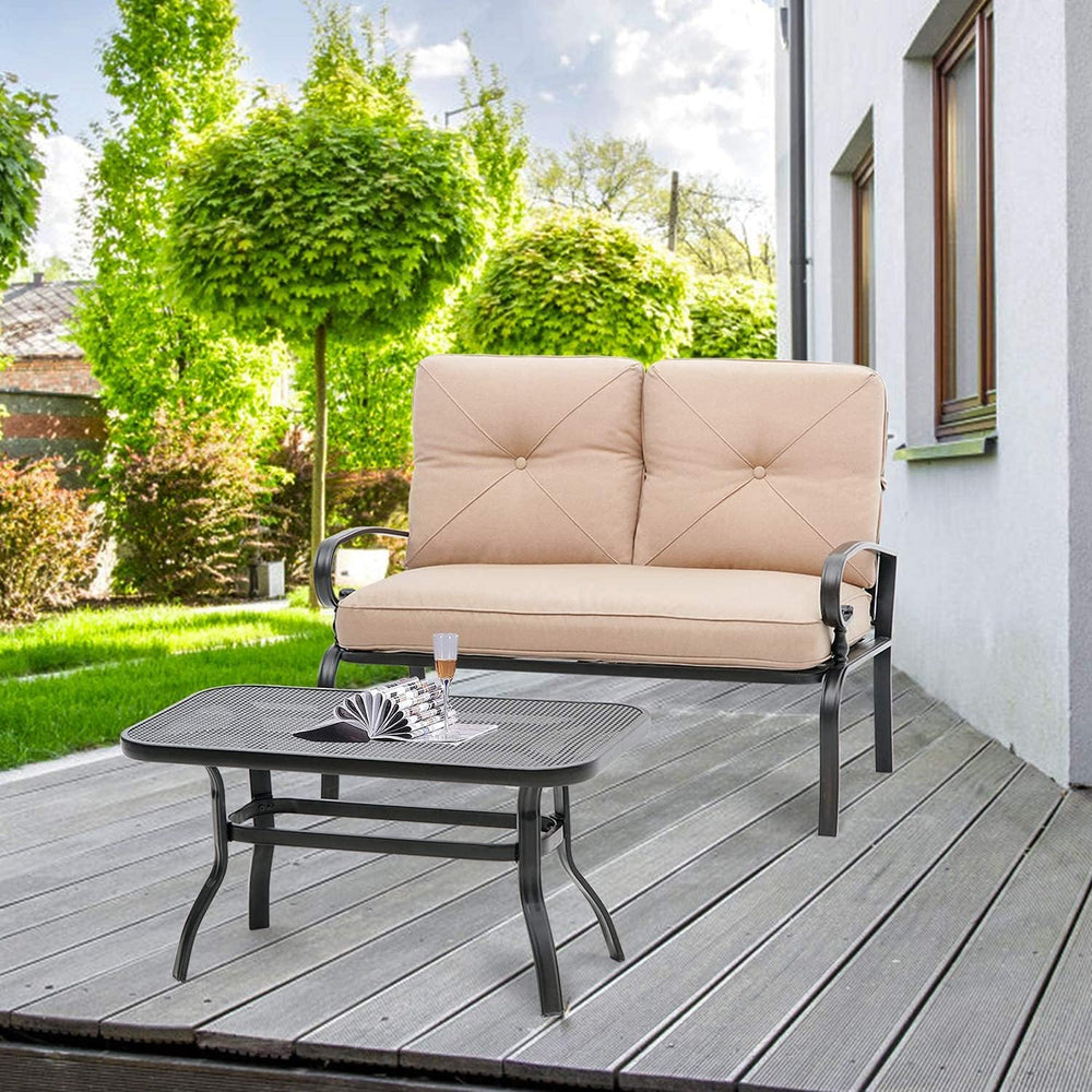 Outdoor 2 Pcs Patio Loveseat Bench Set with Bistro Coffee Table and Patio Ste...