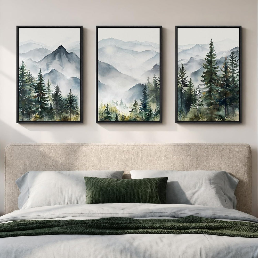 Framed Landscape Wall Art Bedroom, Mountain Forest Canvas Print, 16x24 Inch