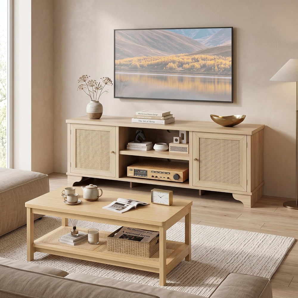 IDEALHOUSE 2 Piece Living Room Set, 62" TV Stand Coffee Table, Natural