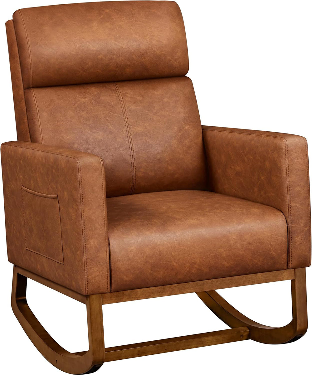 Yaheetech 28in Wide Padded High Back Glider Rocking Chair, Brown Leather
