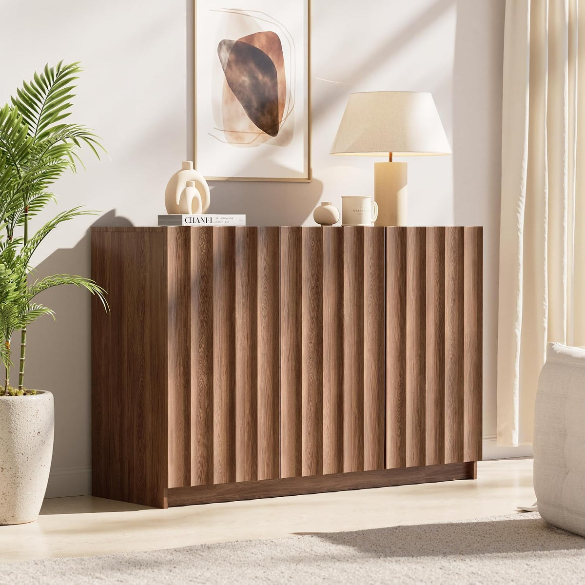 Modern Buffet Cabinet with Storage, 47.2" Tall Fluted Arched Sideboard Cabinet w/Adjustable Shelves, Wooden Modular Coffee Bar for Dining Room, Kitchen, Living Room, Entryway, Brown