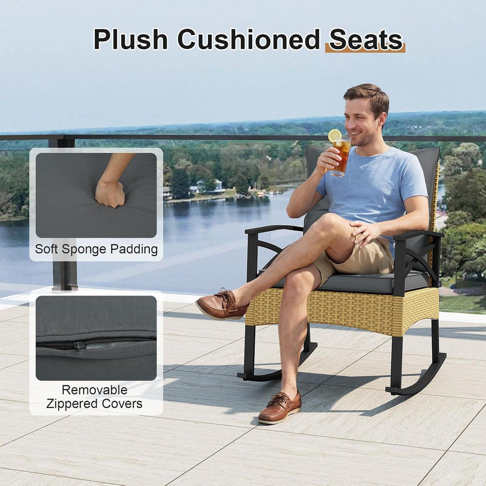 RELAX4LIFE 3-Piece Rattan Patio Rocking Chair Set, 2 Wicker Glider Rocking Ch...