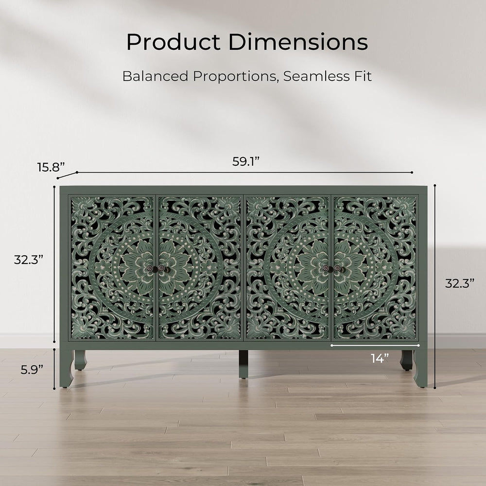 Buffet Cabinet with Storage, 4 Carved Doors Accent Cabinet, Green