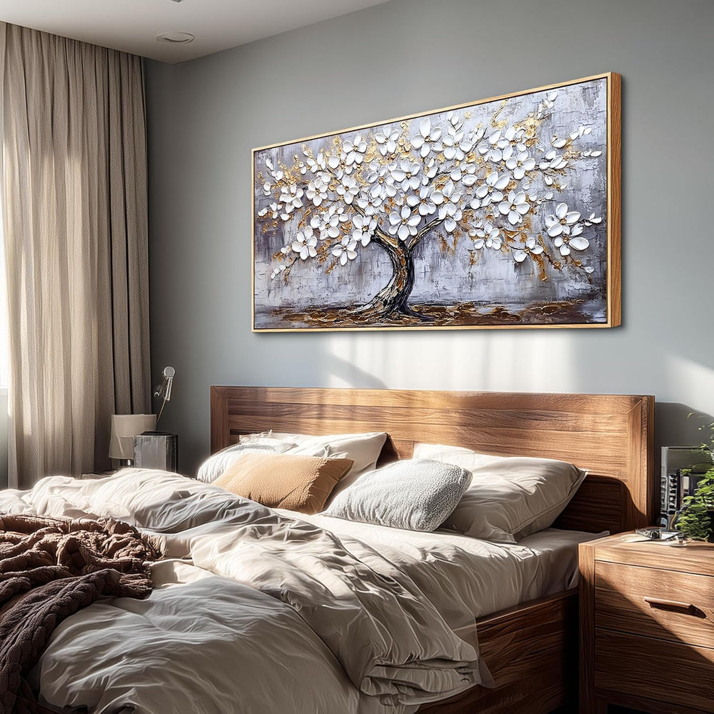 DZRWUBHS Tree of Life Wall Art, Large Wall Art, Framed Wall Decor, White Gold...