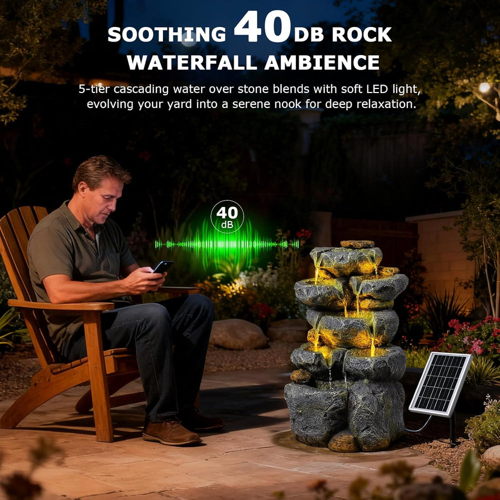 24" Tall Solar Powered Water Fountain Cascading Rock Waterfall