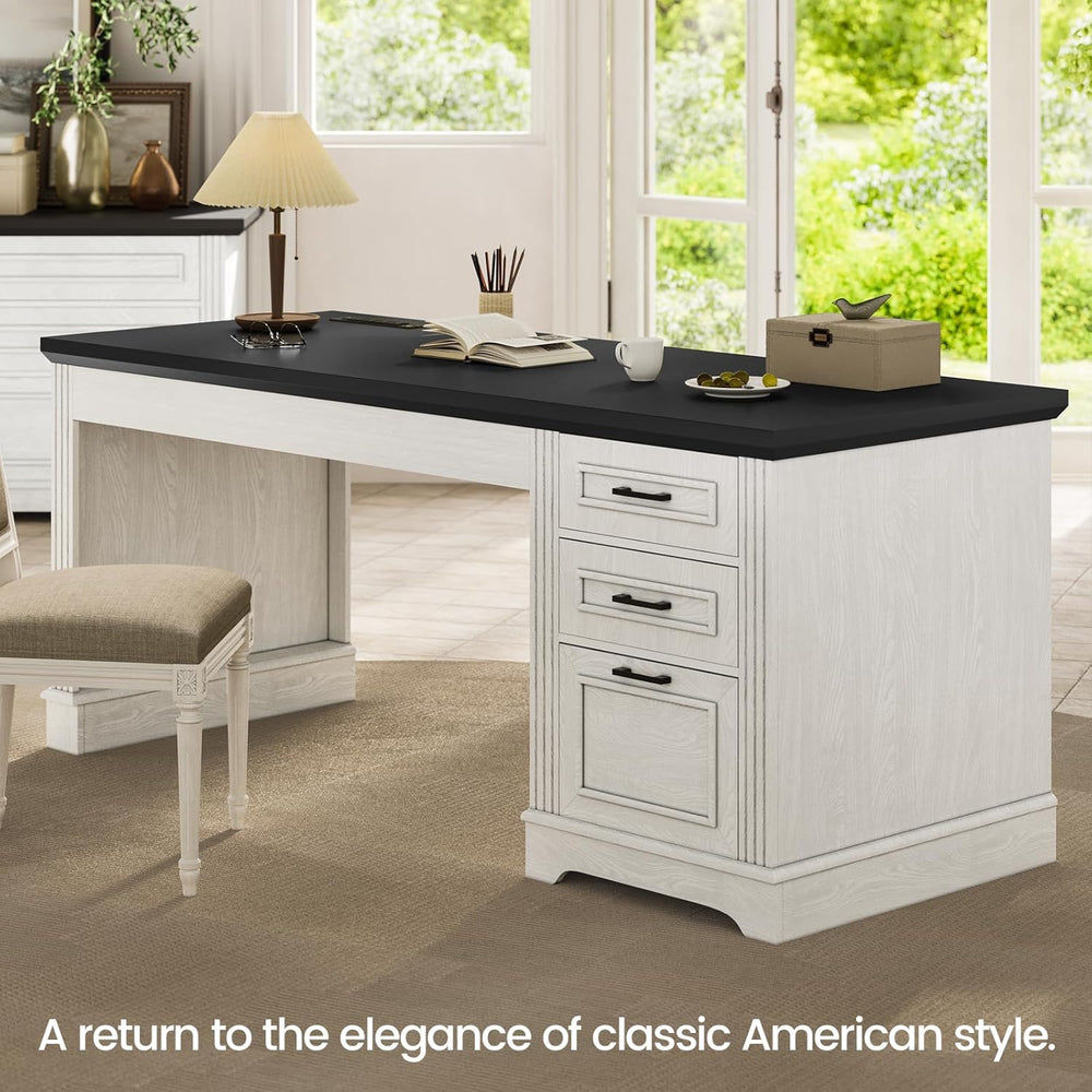 Itaar Farmhouse 55" Executive Desk, Computer Desk with Storage Drawers a...