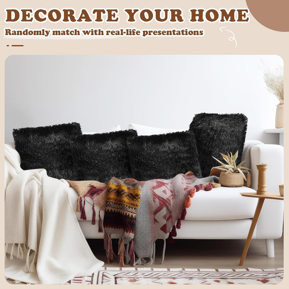 VitalCozy 6 Pcs Fluffy Throw Pillow Covers Faux Fur, Black