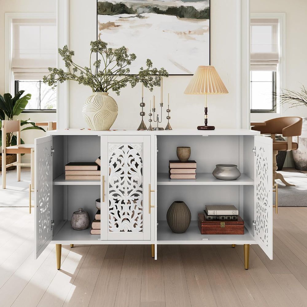 ARTPOWER 47.8" Vintage Accent Cabinet with 4 Hollow Carving Doors, White