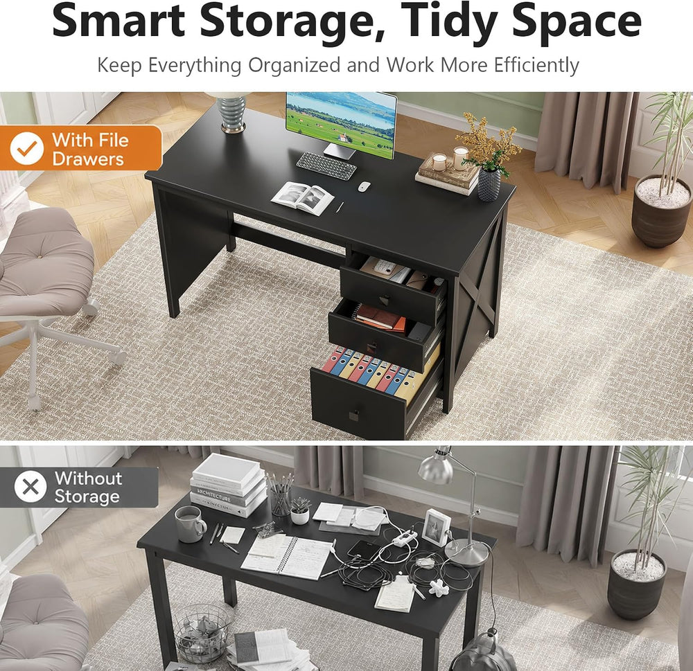JSB 47.2 Inch Black Computer Desk with 3 Drawers for Home Office Bedroom