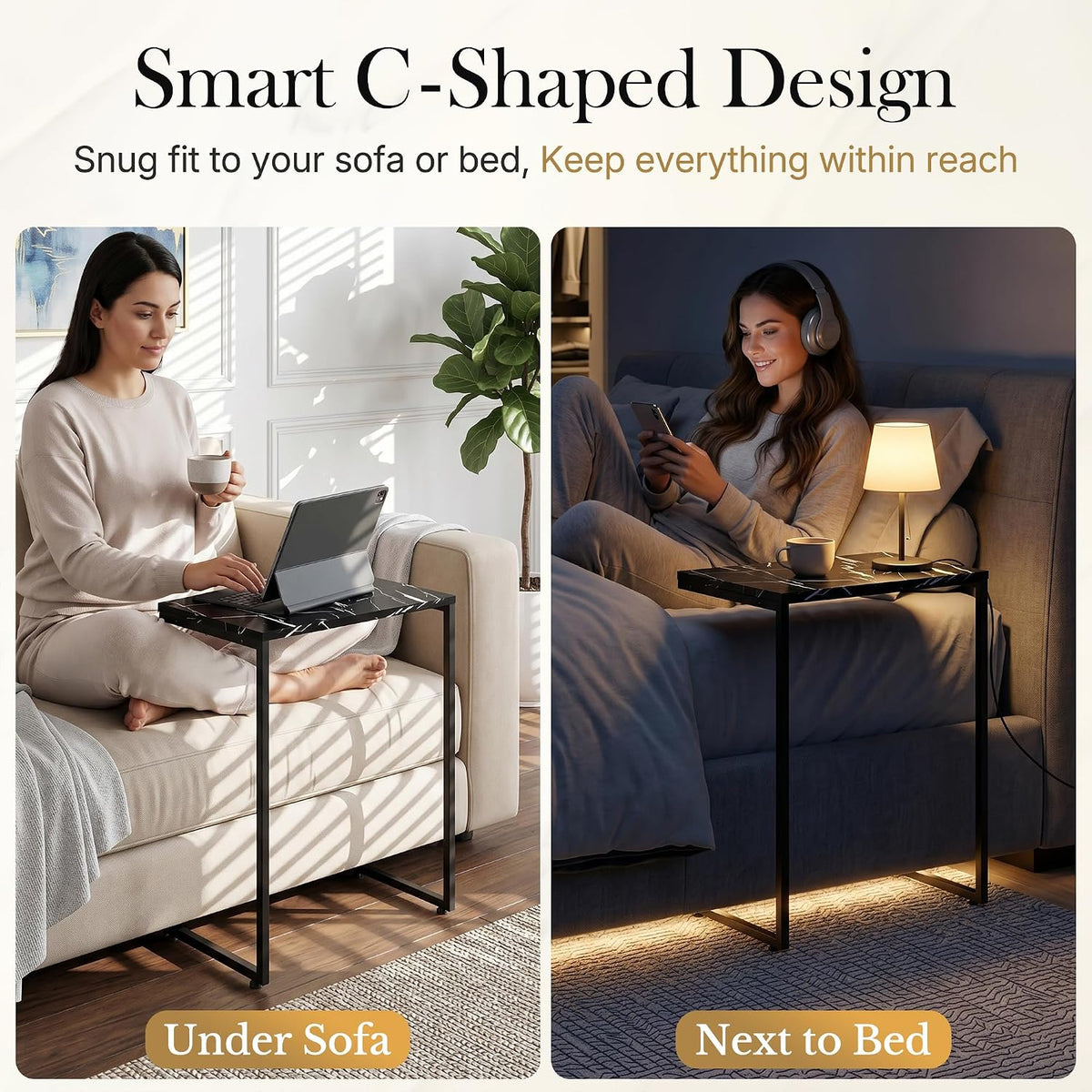 Nouva Modern Nesting Coffee Table, Set of 3 Square Stacking Accent Table End Table C-Shape with Metal Frame for Living Room Bedroom, Rustic Brown