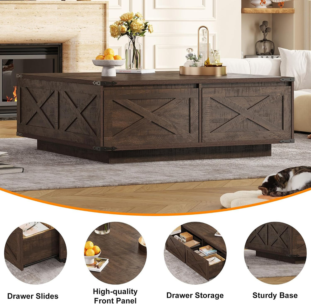 St.Mandyu 47” Farmhouse Square Coffee Table with 4 Drawers Extra Large Coffee...