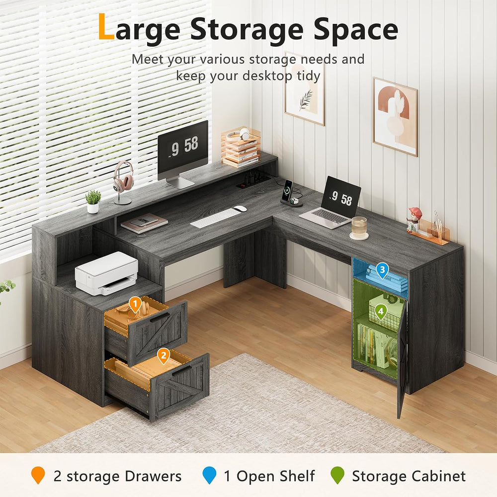 63" Farmhouse L Shaped Desk with Drawers & Printer Shelf for Home Of...