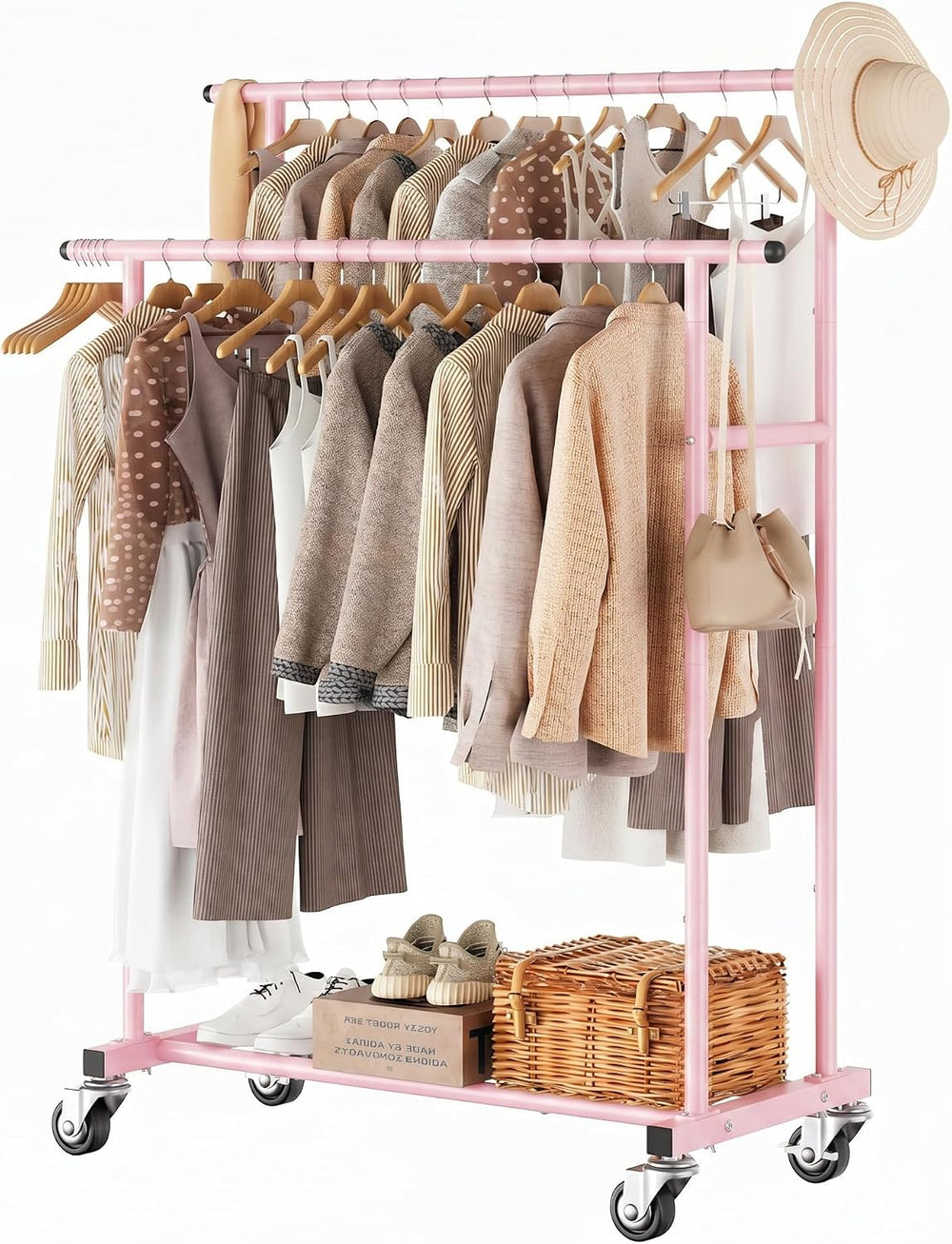 Calmootey Rolling Garment Rack, Sturdy Clothes Organizer for Bedroom