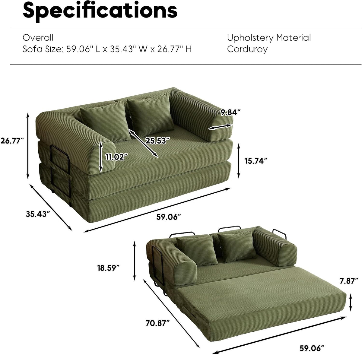59" Convertible Floor Sofa Bed, Couches for Living Room, Green | Corduroy Loveseat Sleeper Floor Sofa, Modular Sectional Sofa, Futon Couch, Pull Out Couch, No Assembly Required