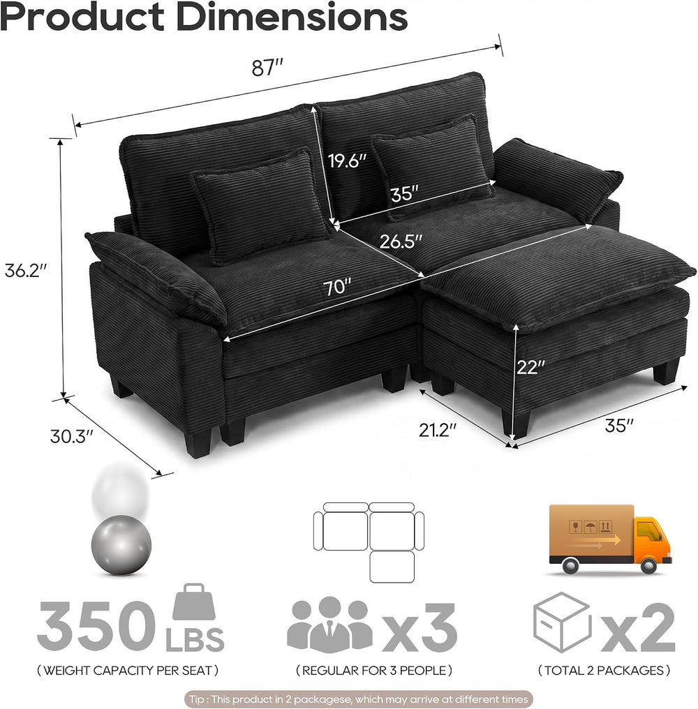 URRED Oversized Modular Sectional Sofa，Solid Black：87" L Shaped